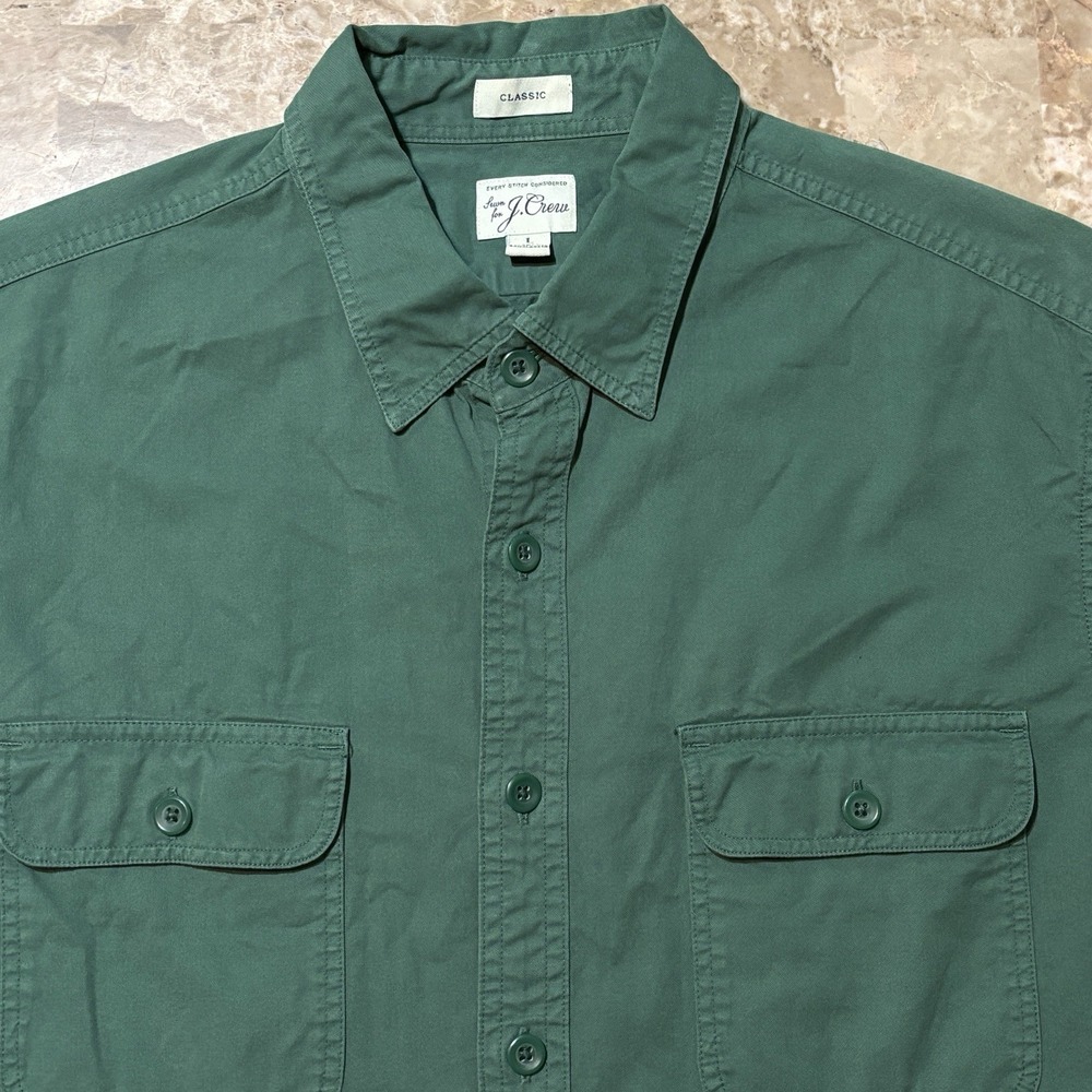 J Crew Shirt Mens Large Green Short Sleeve Garment Dyed Twill Workshirt Utility